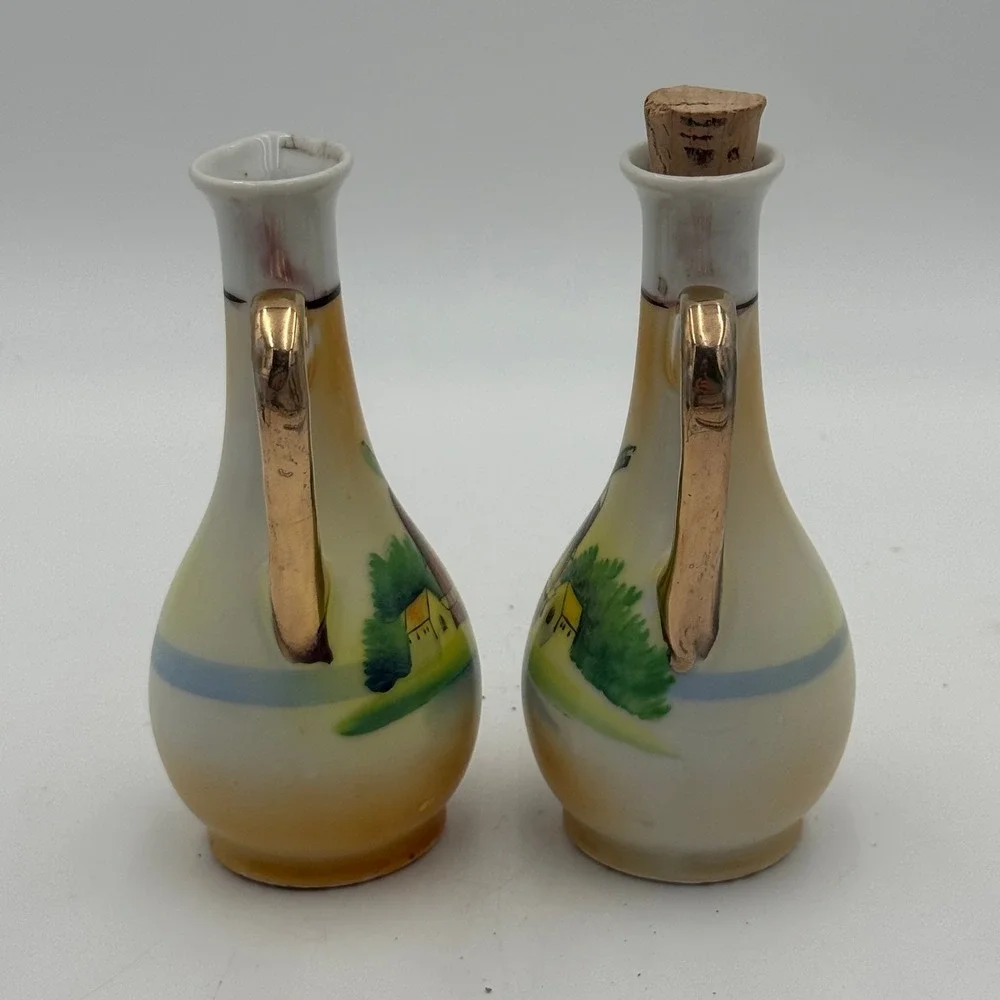Vintage Hand Painted Japan Porcelain Windmill Cruet Set Gold Handle 2pc